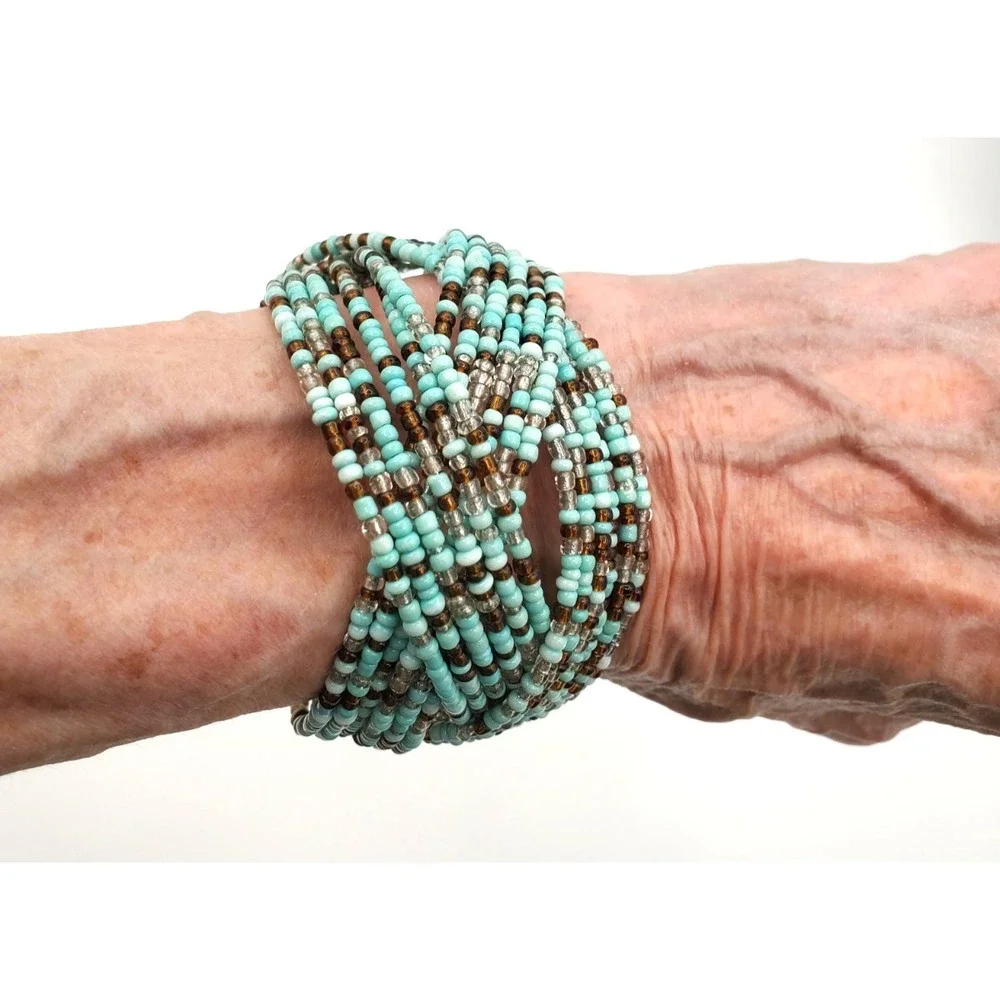 Blue Beaded Geometric‎ Wrap Wire Cuff Bracelet